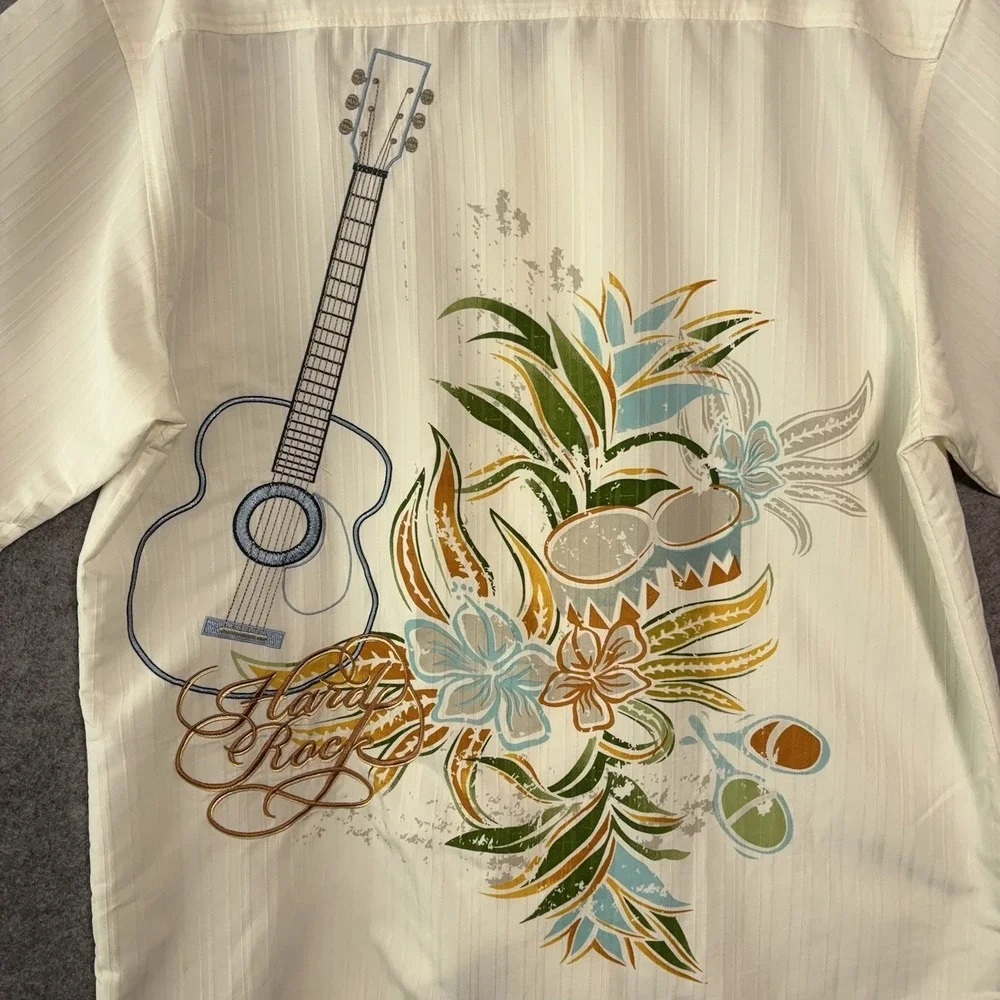 Hard Rock Cafe Shirt Mens XL Cream‎ Embroidered Aruba Lightweight Island